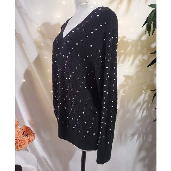Chicos Womens Cable Knit Silver Studded V-Neck Pullover Sweater Size 2 L Black - Picture 3 of 8